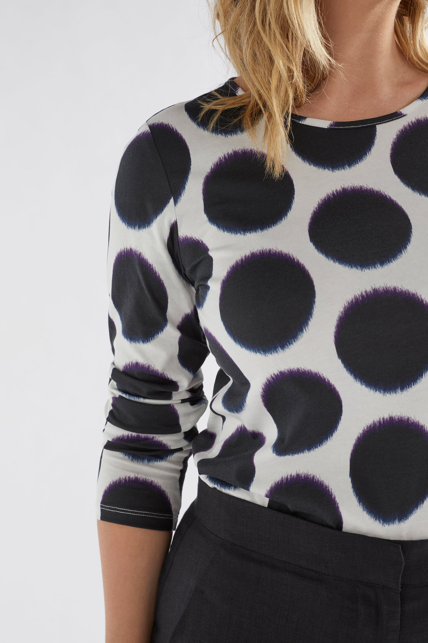 Denne Organic Cotton Long Sleeve Spot Print Top Model Front Tucked sleeve up |  SOFT SPOT PRINT