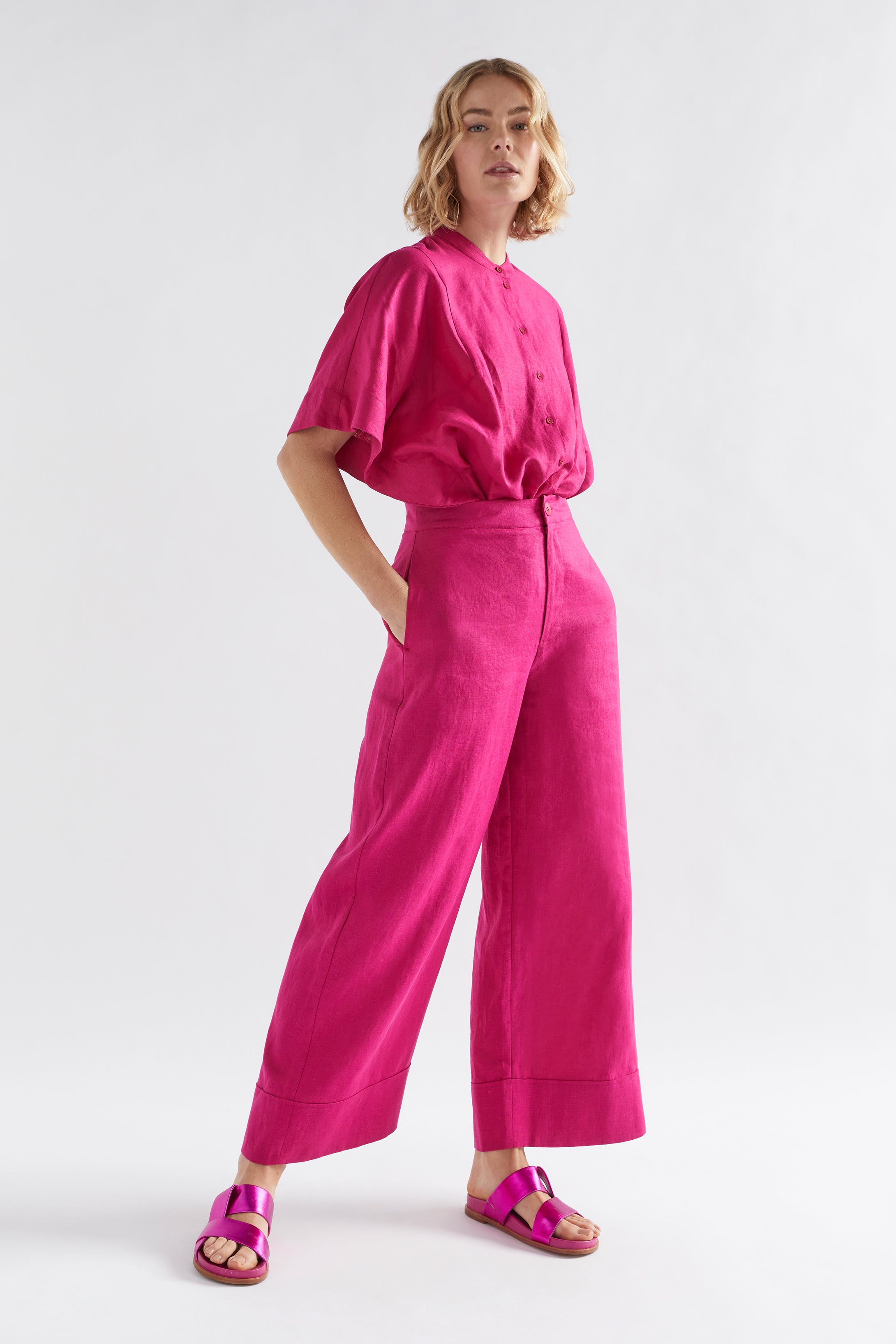 Anneli Light Wide Leg Linen Pant Model Angled Front | BRIGHT PINK