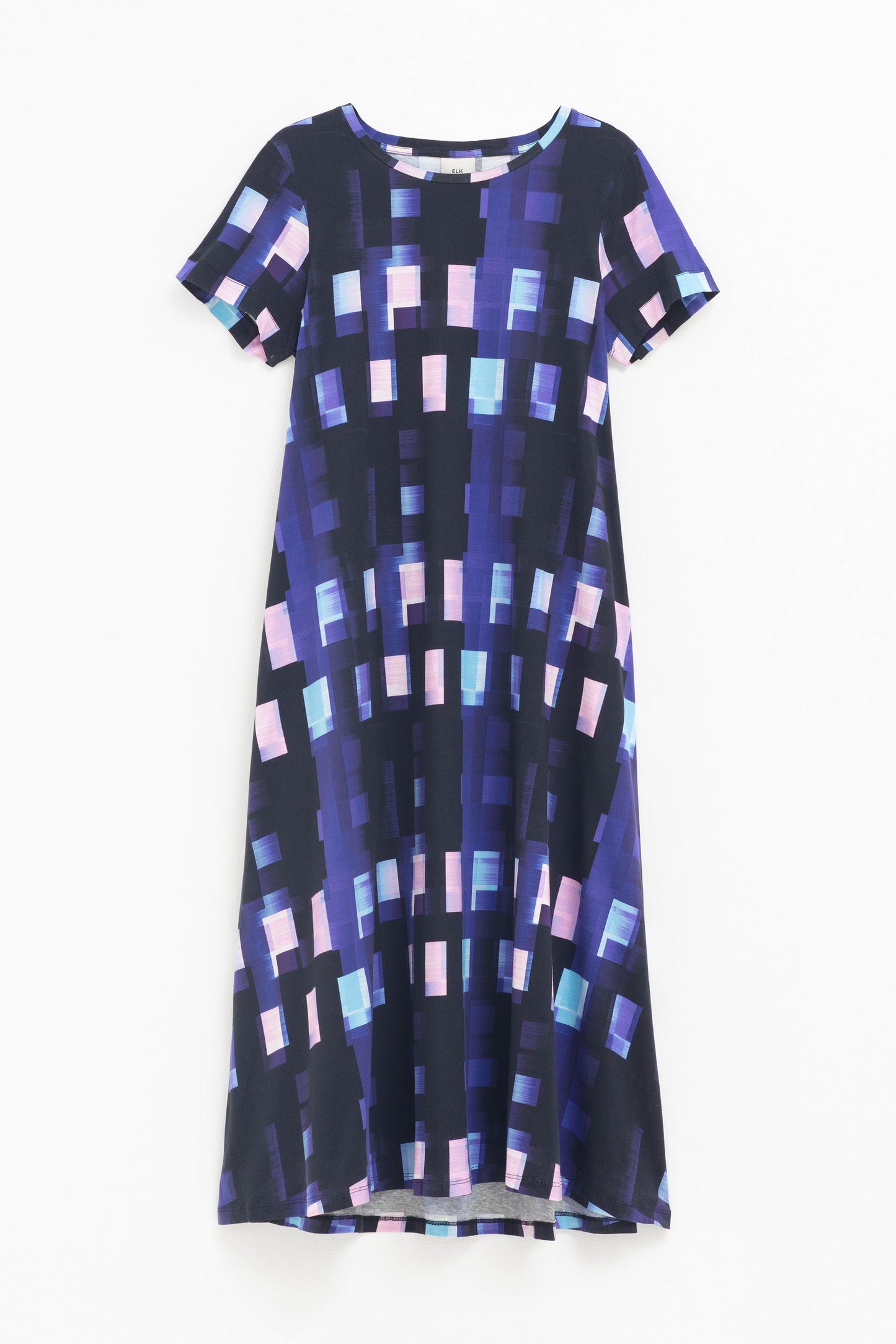 Holst Organic Cotton Print Long Jersey T-shirt Dress Front | BLUE SHUTTER GRID