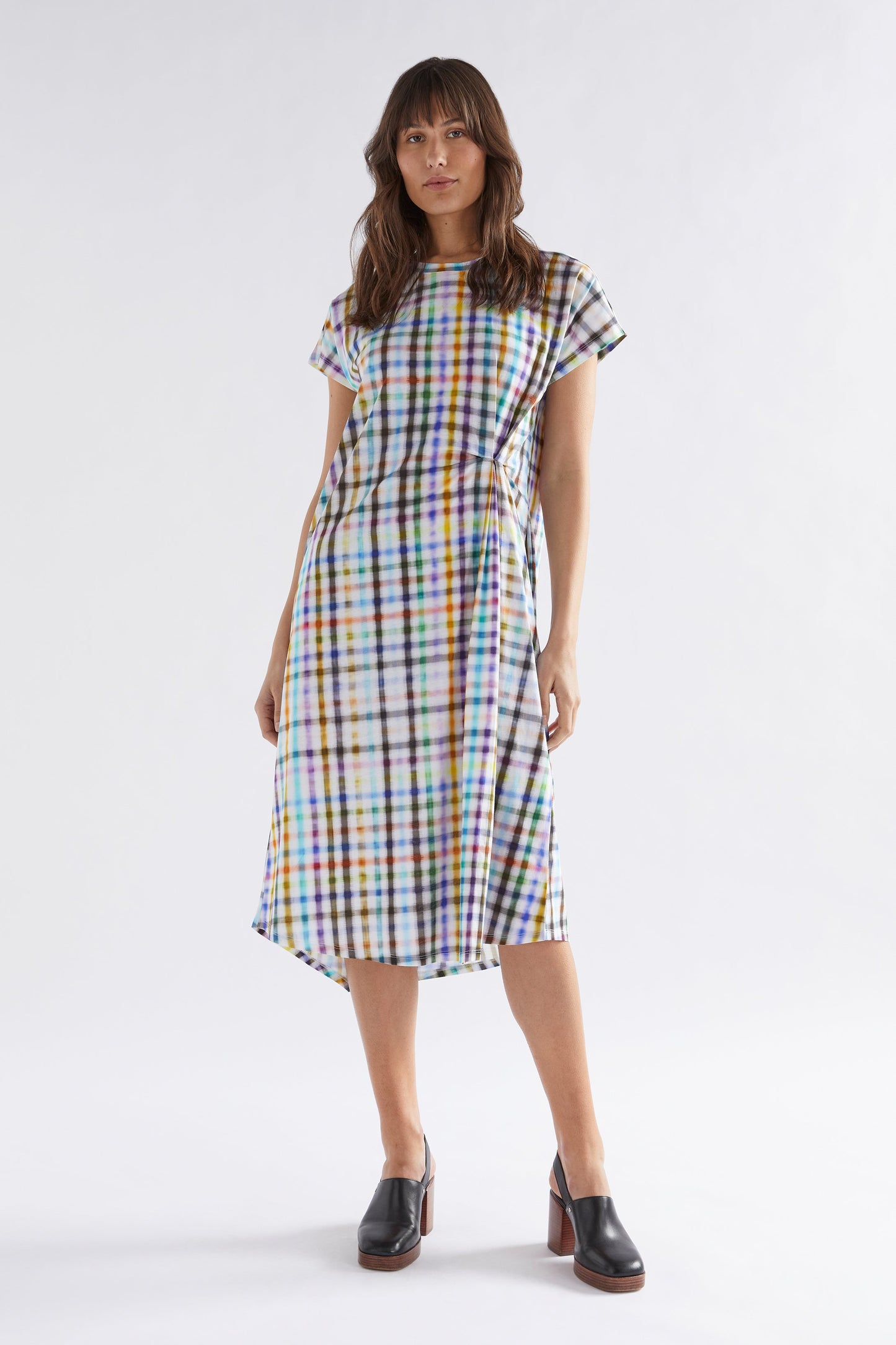 Bodil Organic Cotton Jersey Asymmetric Gathered Tee Dress Model Front | HOLJA CHECK
