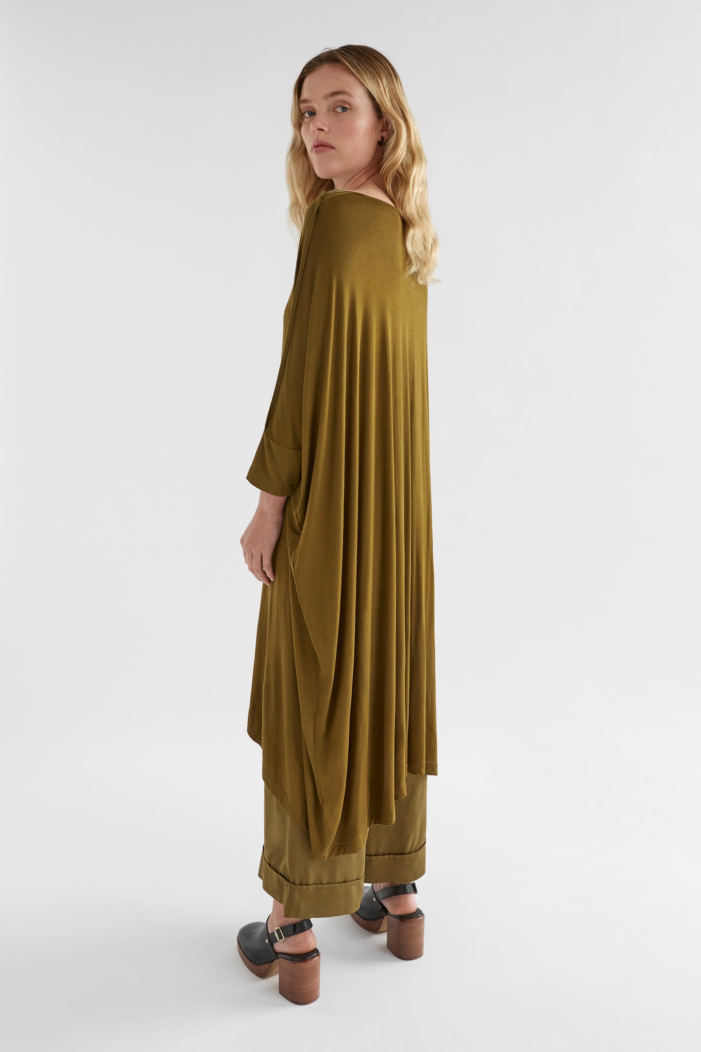 Wide Stretch Classic Jersey Dress Model Angled Back Bella  | DARK CITRONELLE