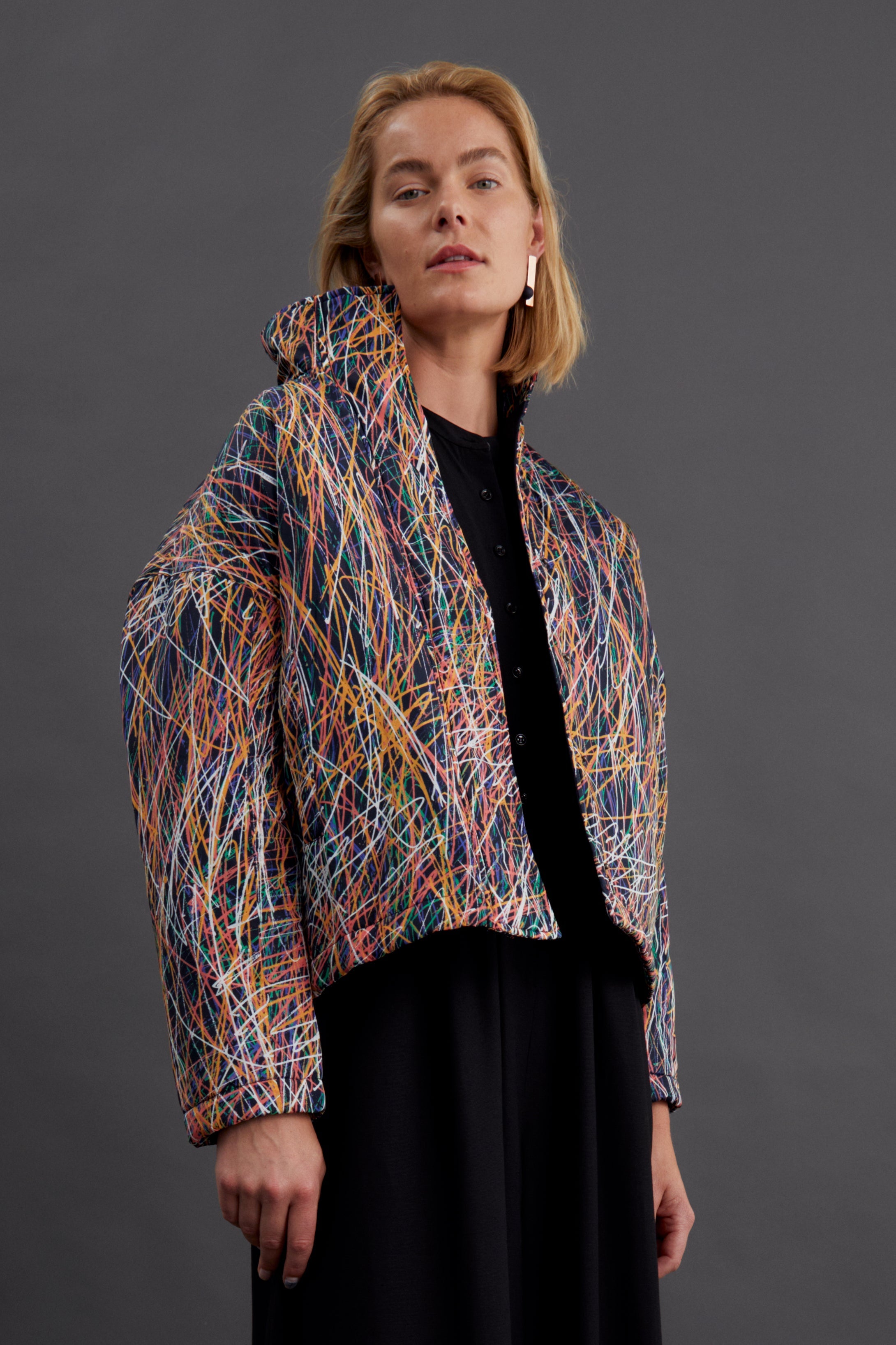 Kudde High Collar Abstract Multi-coloured Print Puffer Jacket studio Model Studio 2 | MAILA PRINT