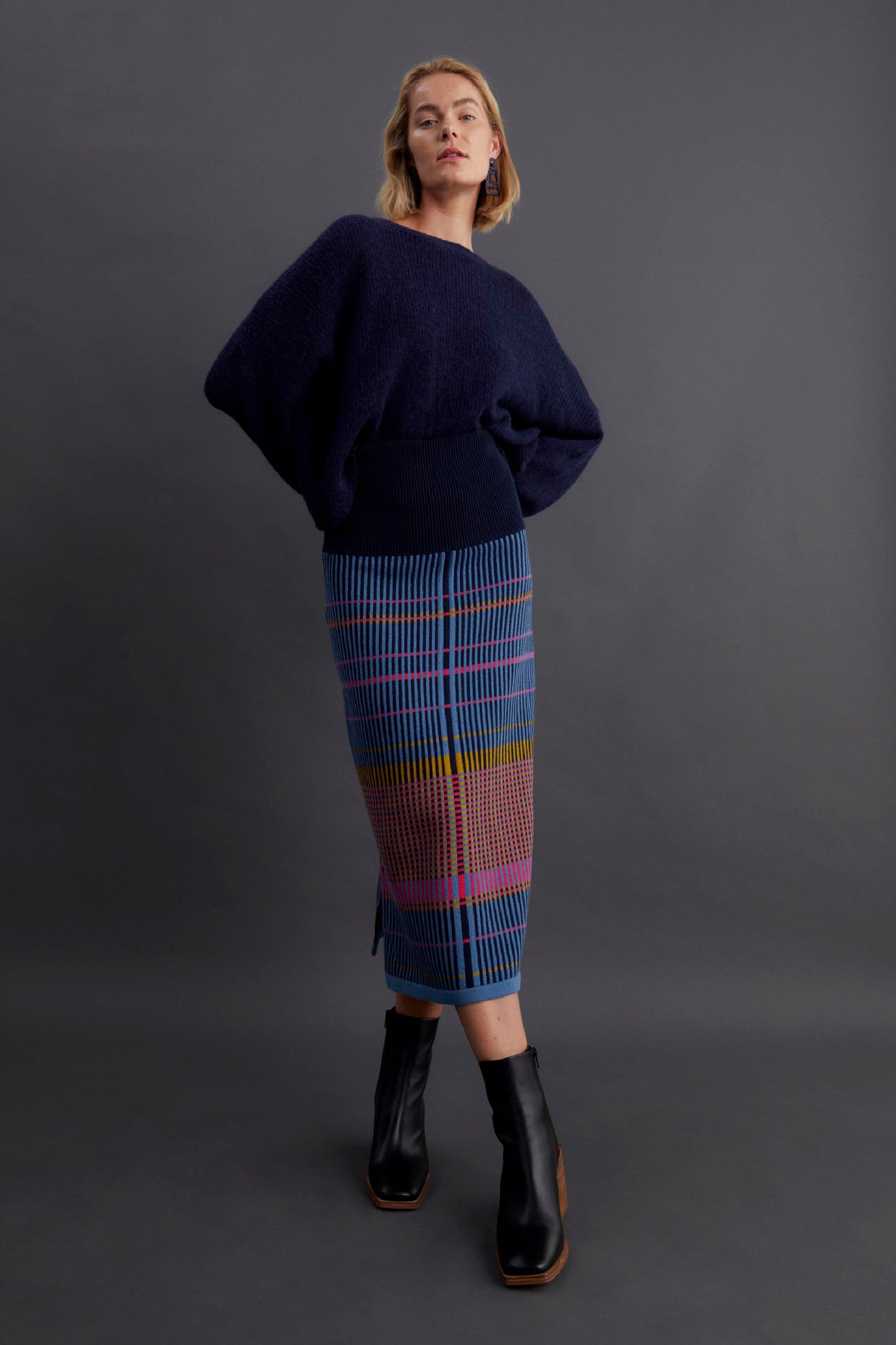 Cila Statement Multi Coloured Check Cotton Knit Midi Skirt Campaign Model Front | PINK MULTI