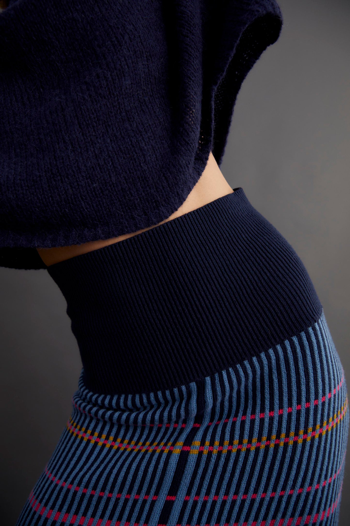 Cila Statement Multi Coloured Check Cotton Knit Midi Skirt Model Waist Band Detail | PINK MULTI