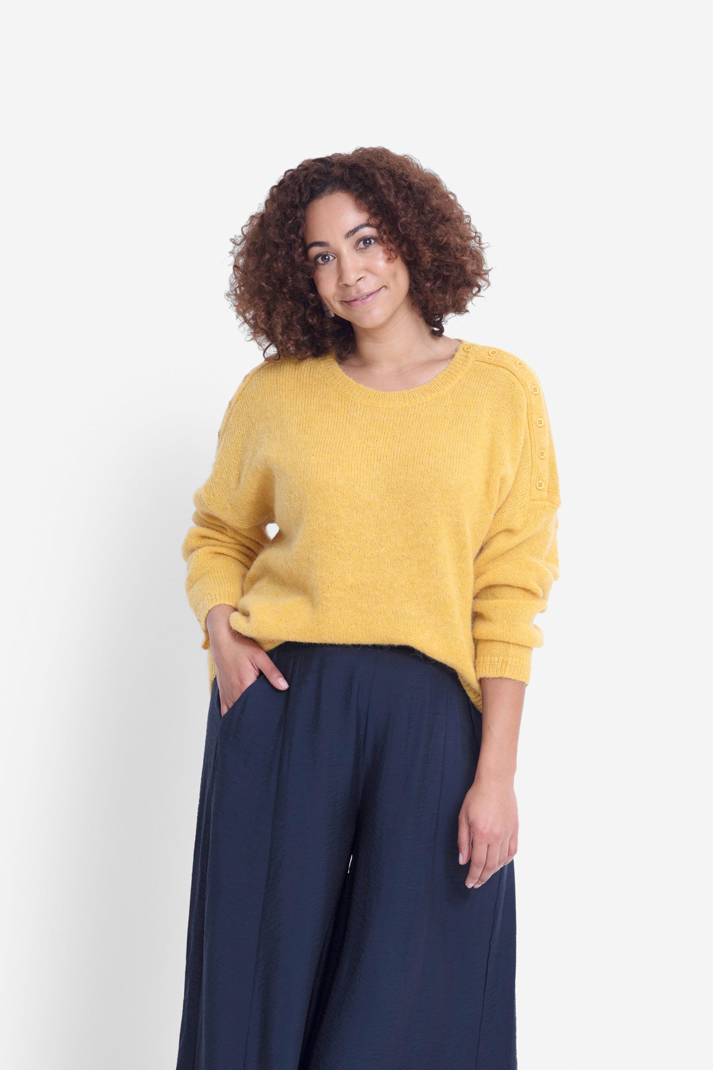 Carita Long Sleeve Ultra-Soft Sweater Model Front Styled | Daffodil