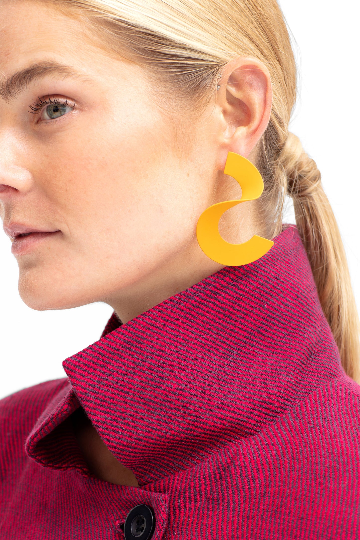 Ess Sculptural Colour Coated Statement Earring Model Front | TANGERINE