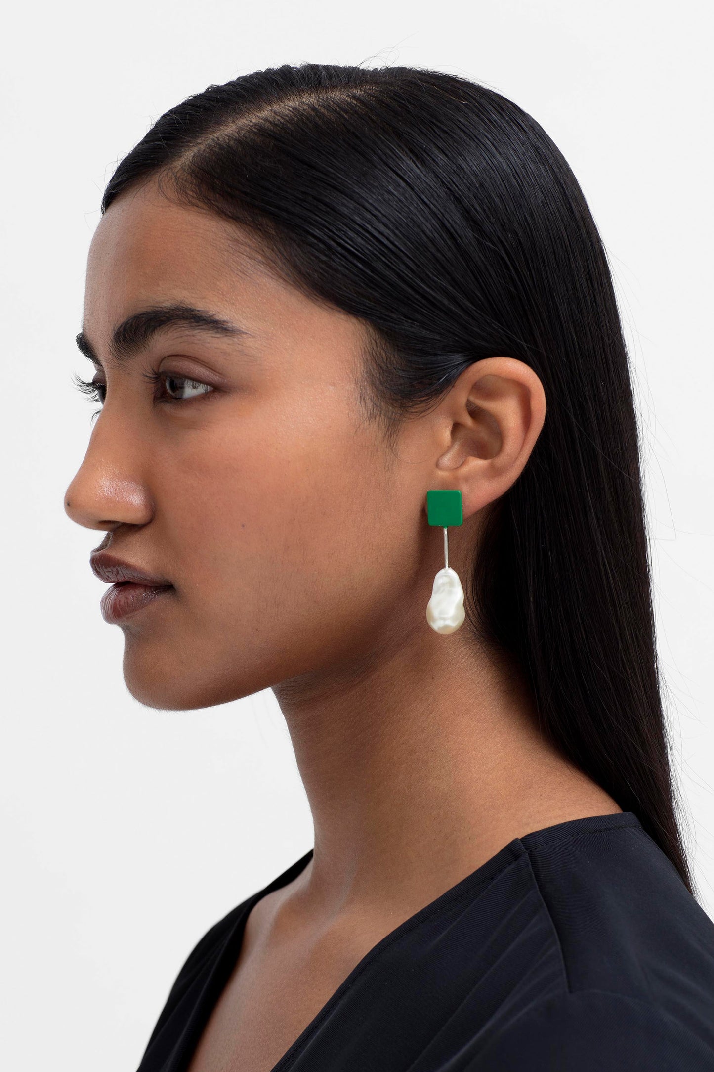 Perle Asymetric Pearl and Colour Coated Metal Drop Stud Earring Model Side ALOE GREEN