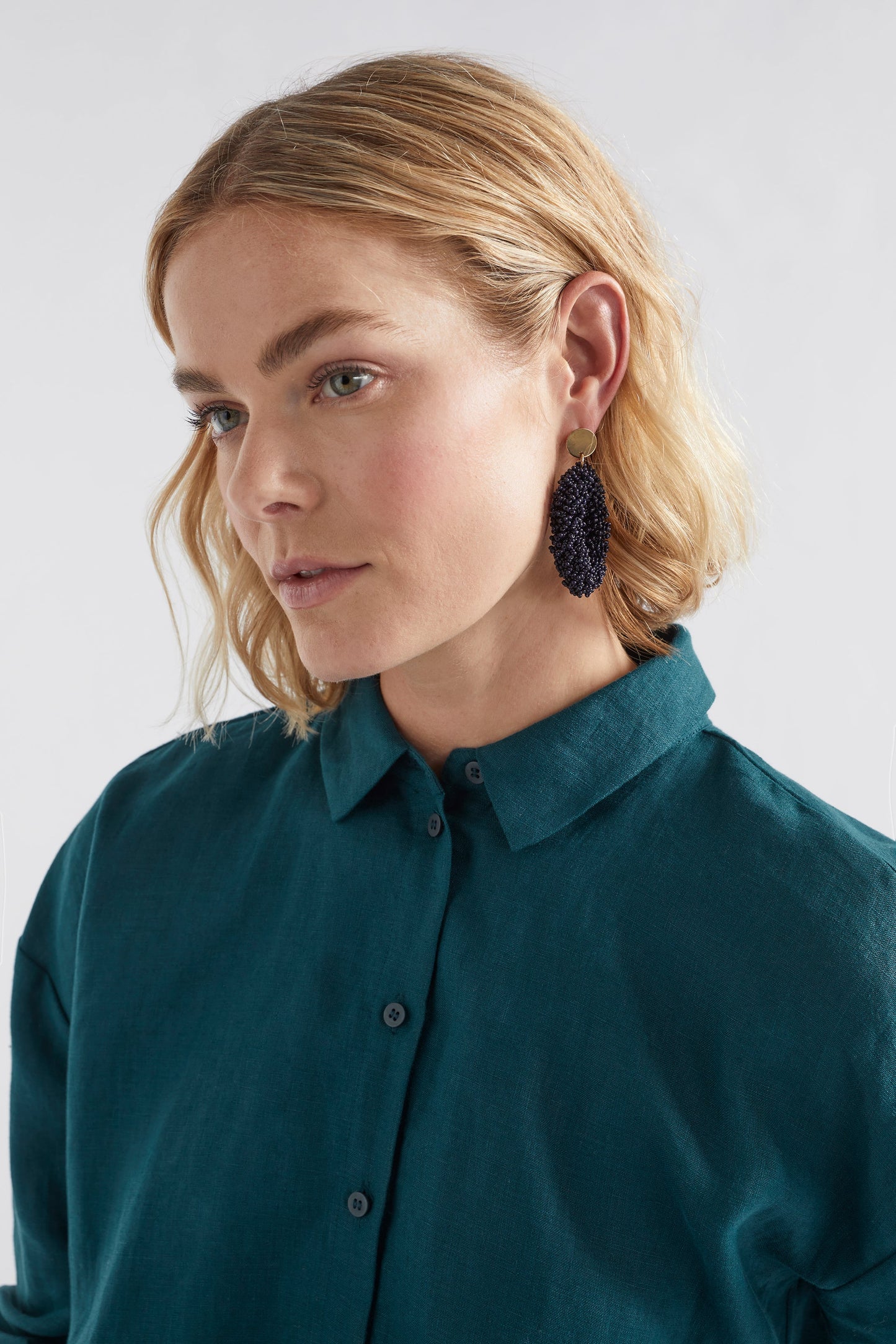 Melu Glass Seed Bead Woven Circle Drop Stud Earring model | STEEL BLUE