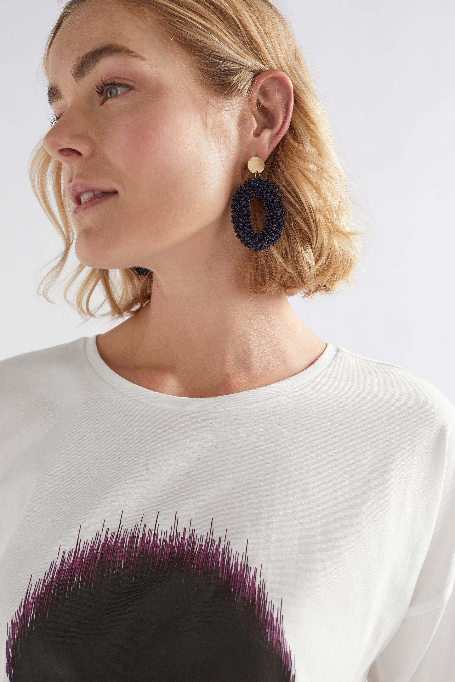 Melu Glass Seed Bead Woven Circle Drop Stud Earring campaign 2 | STEEL BLUE