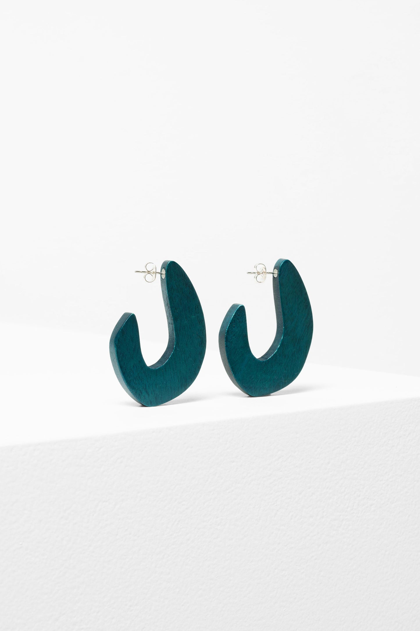Riiva Coloured Wood Geometric Hoop Stud Earring | TEAL BLUE