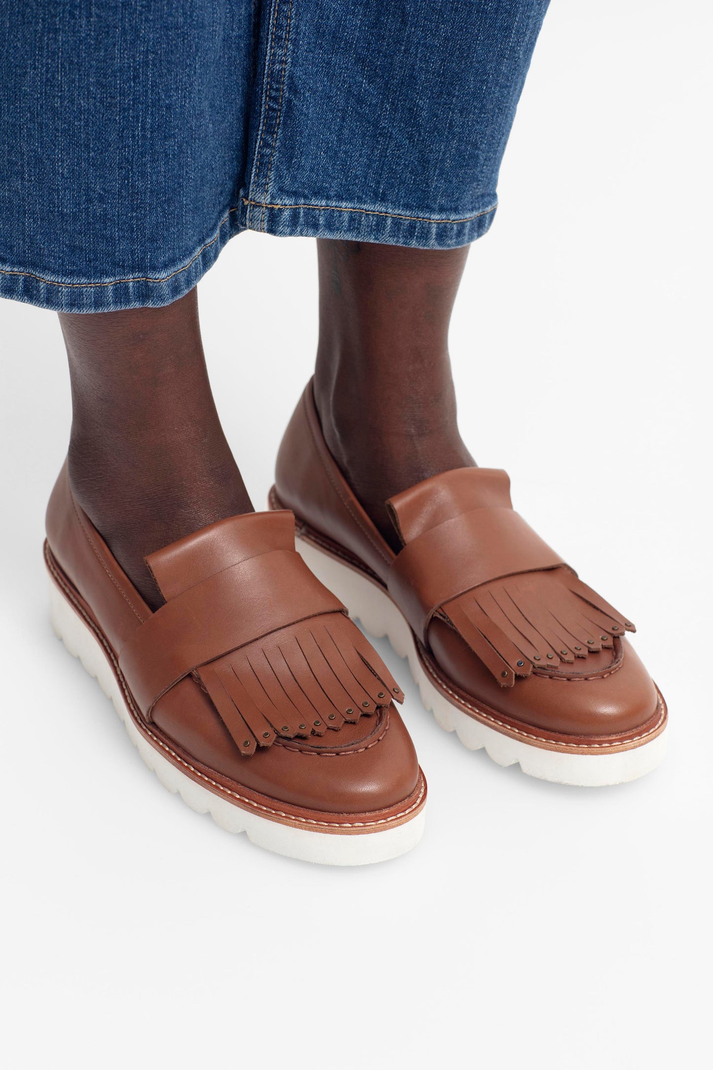 Vinna Chunky Leather Loafer Model Angled Front Overhead | RICH TAN