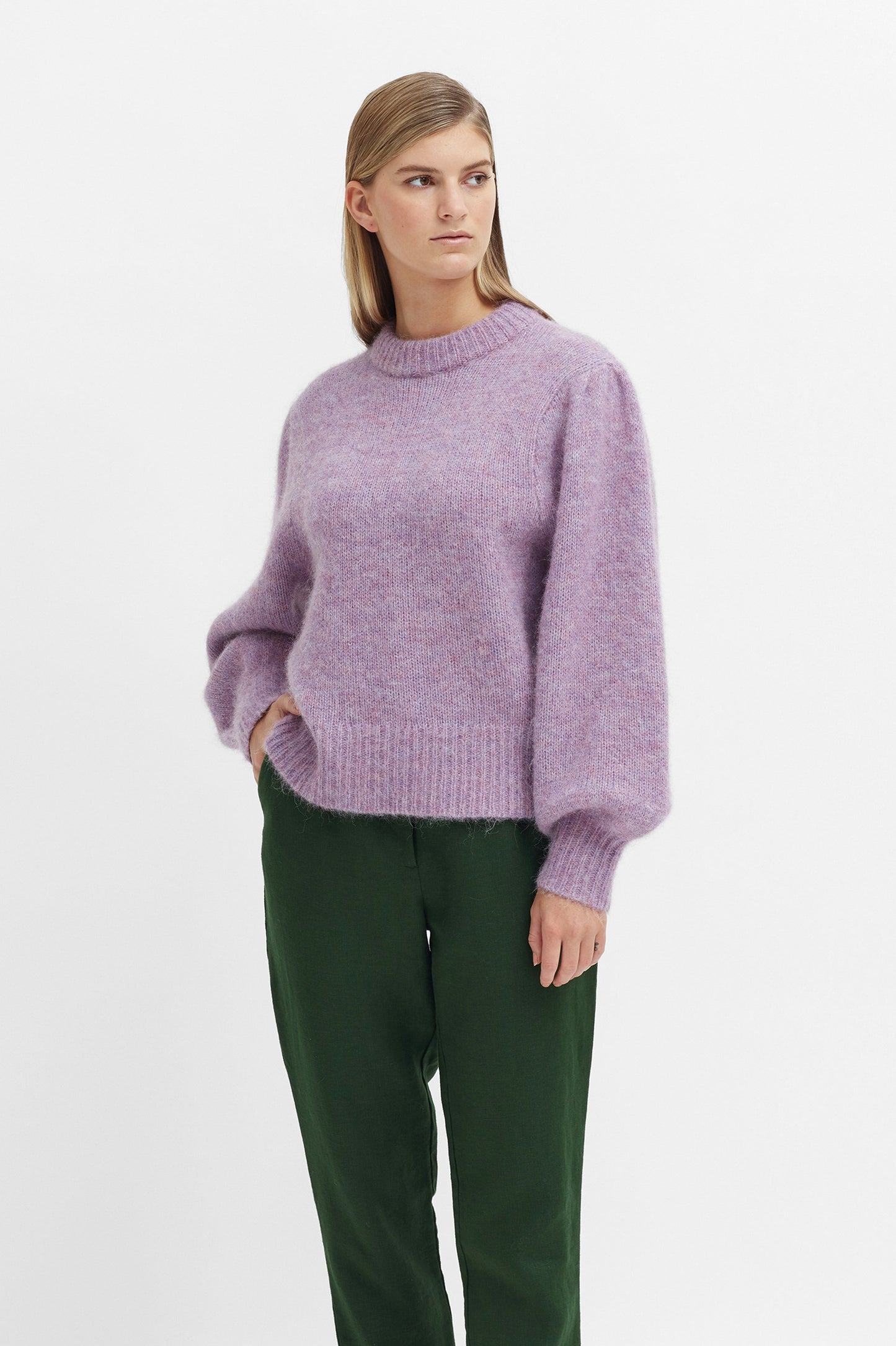 Spikkel Balloon Sleeve Melange Alpaca and Merino Wool Knit Sweater Model Front | LILAC MELANGE