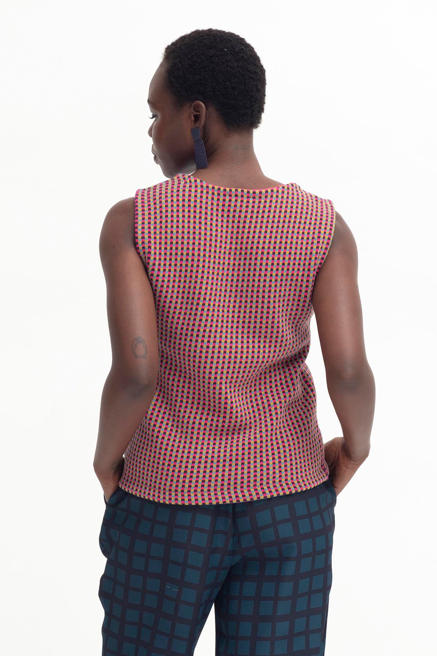 Cila Multi Coloured Check Cotton Knit Vest Model Back | PINK MULTI