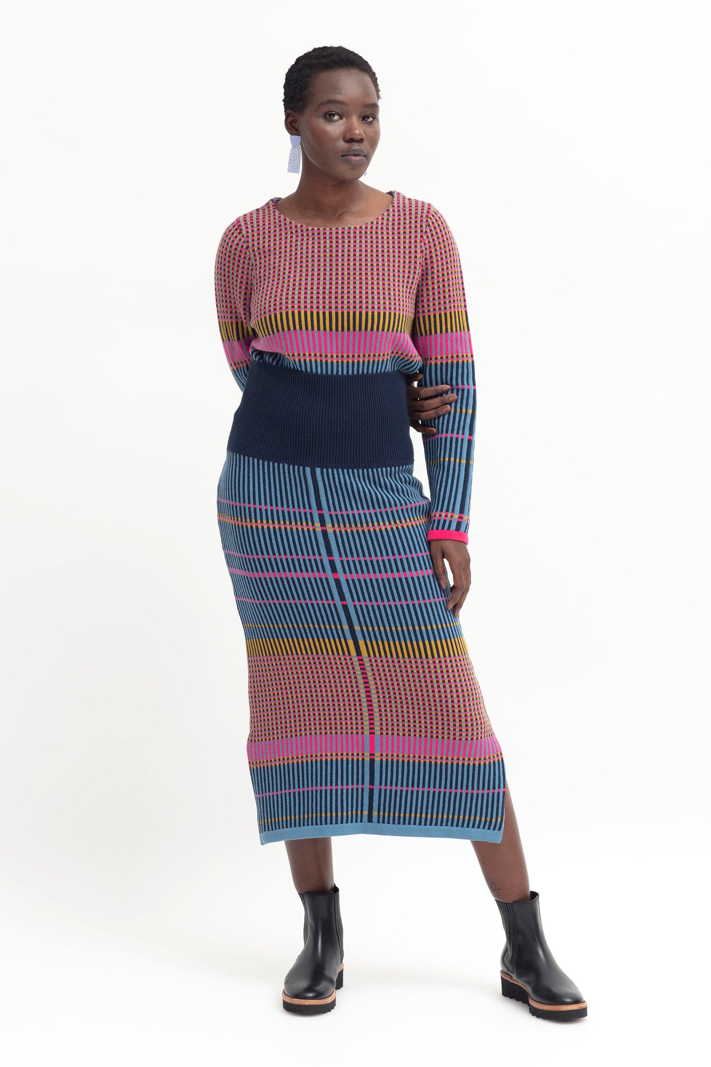 Cila Statement Multi Coloured Check Cotton Knit Midi Skirt Model Full Body Front with Jumper | PINK MULTI