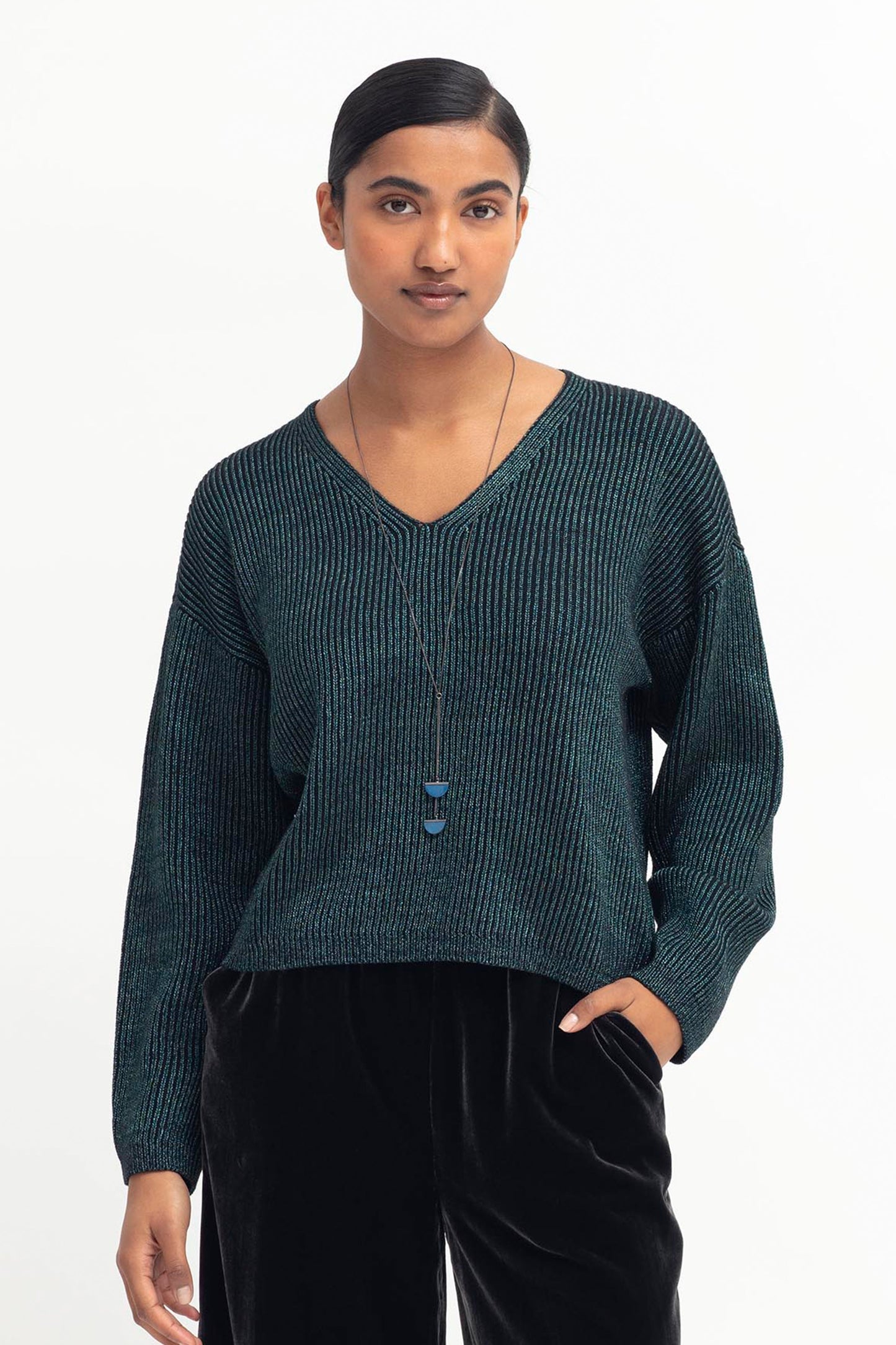 Glittra Lurex Knit Metallic Relaxed V-neck Sweater Model Front  | TEAL METALLIC