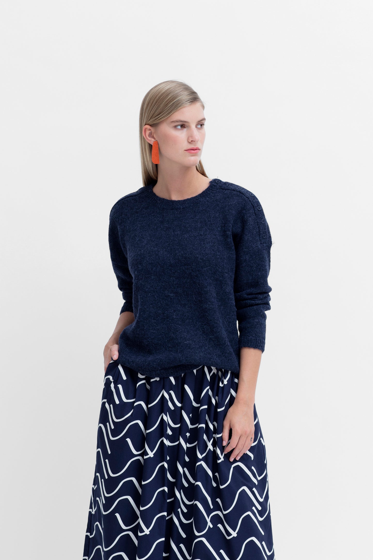 Carita Long Sleeve Ultra-Soft Sweater Model Front  | Ink