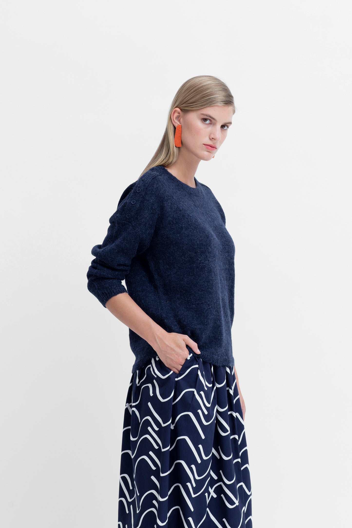 Carita Long Sleeve Ultra-Soft Sweater Model Side | Ink