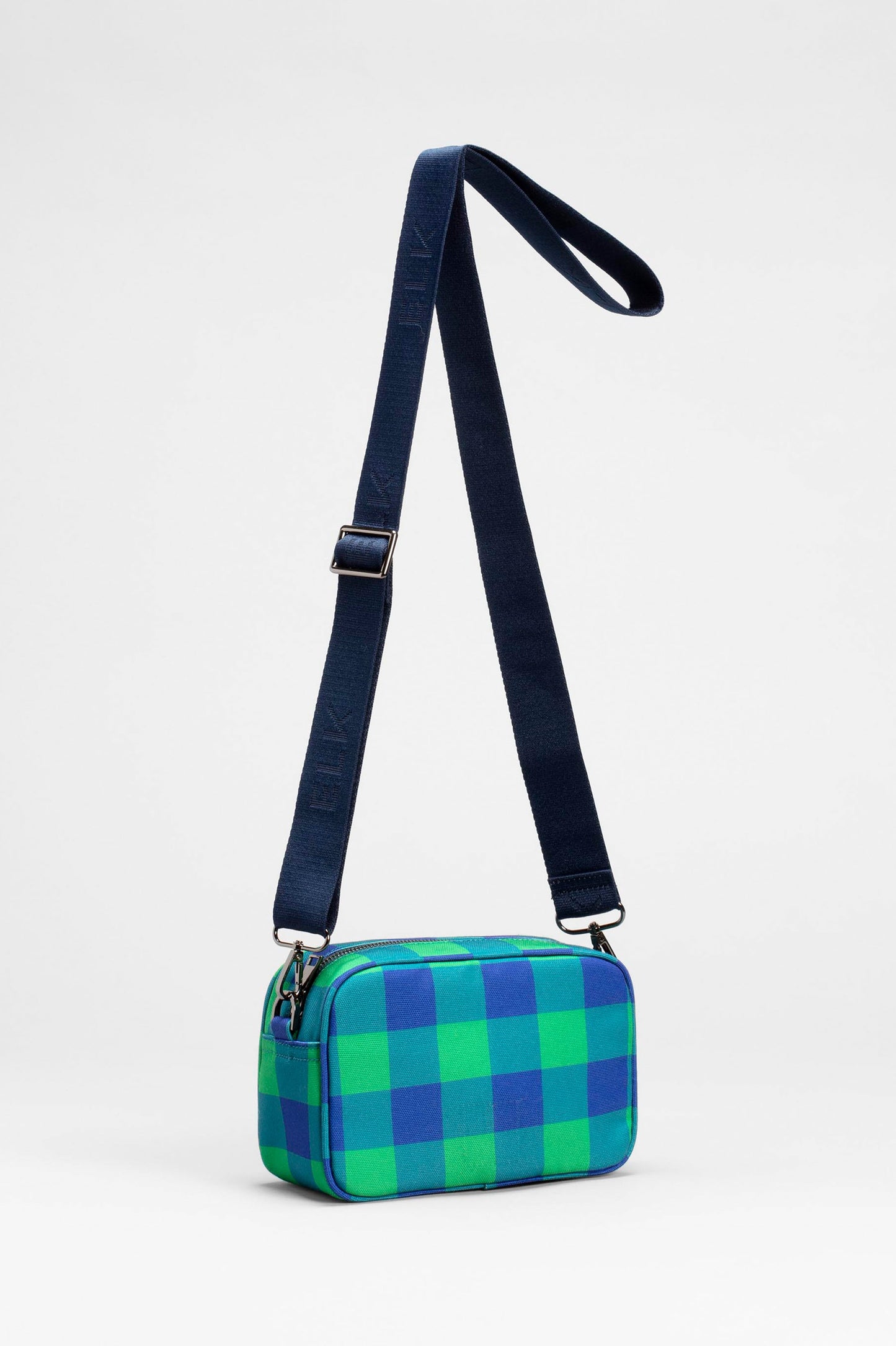 Kassel Recycled Fabric Gingham Print Zip Up Cross Body Bag Front | ELECTRIC BLUE GREEN GINGHAM