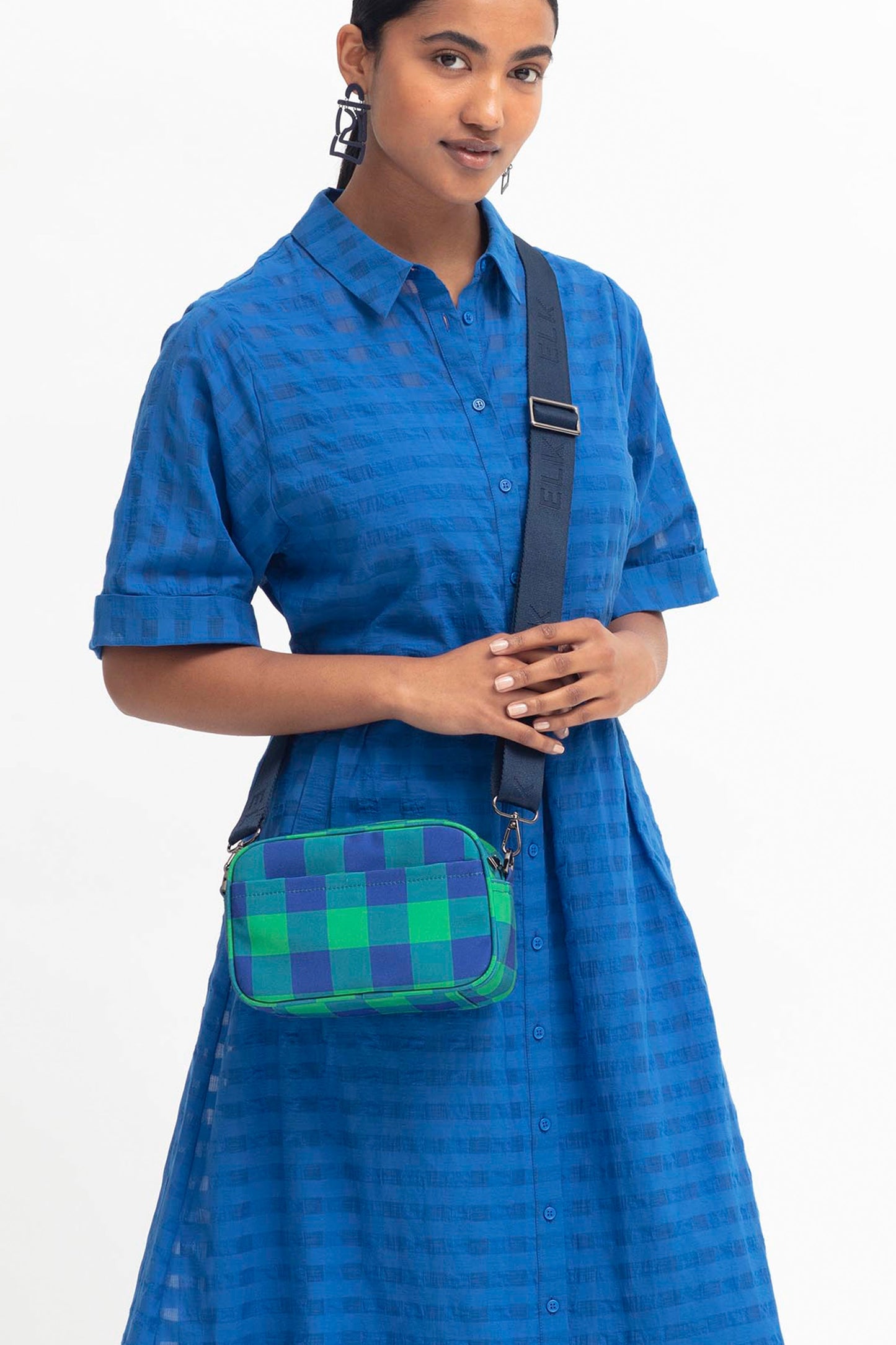 Kassel Recycled Fabric Gingham Print Zip Up Cross Body Bag Model Back | ELECTRIC BLUE GREEN GINGHAM