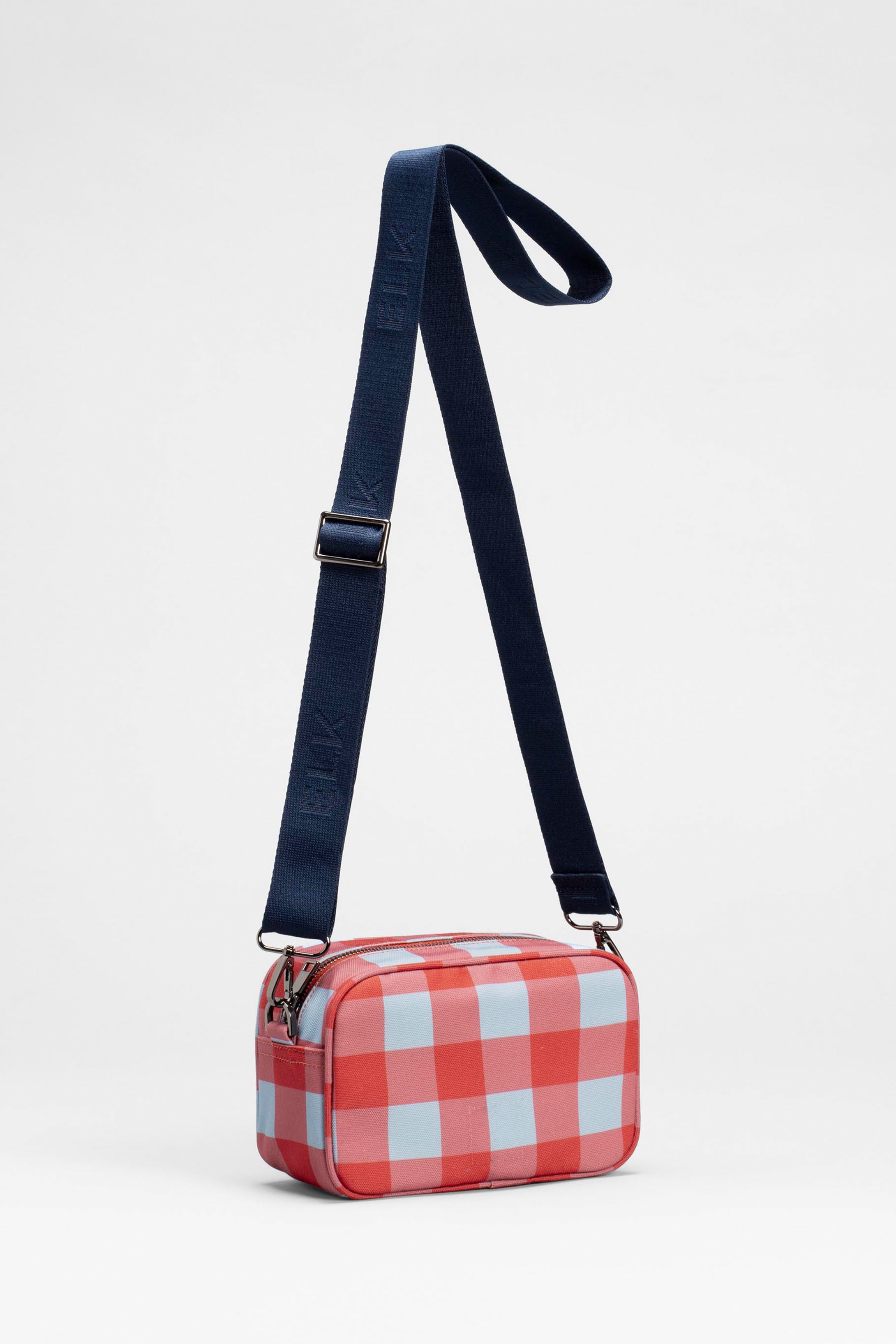 Kassel Recycled Fabric Gingham Print Zip Up Cross Body Bag Front | RED POWDER BLUE GINGHAM