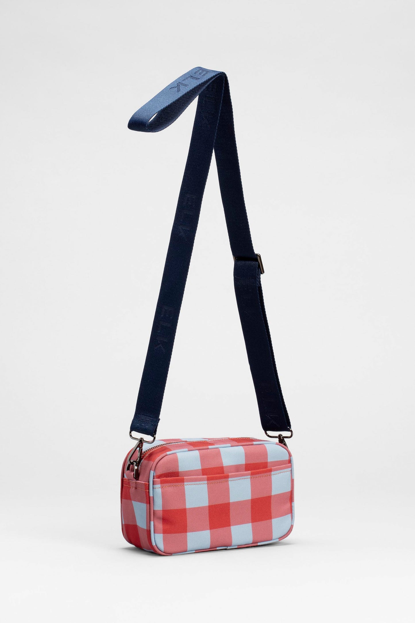 Kassel Recycled Fabric Gingham Print Zip Up Cross Body Bag Back | RED POWDER BLUE GINGHAM