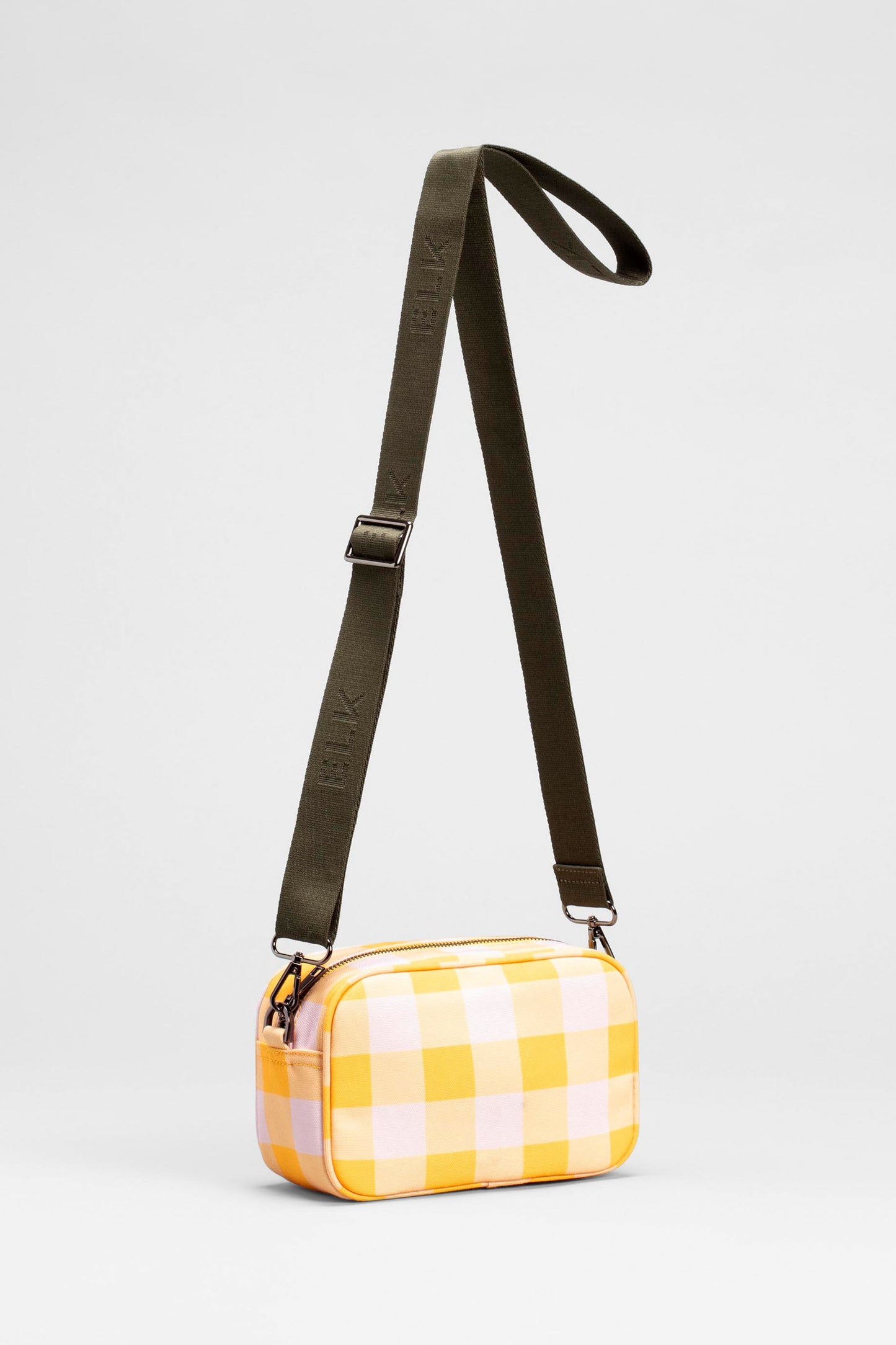 Kassel Recycled Fabric Gingham Print Zip Up Cross Body Bag Front | DANDELION PINK GINGHAM