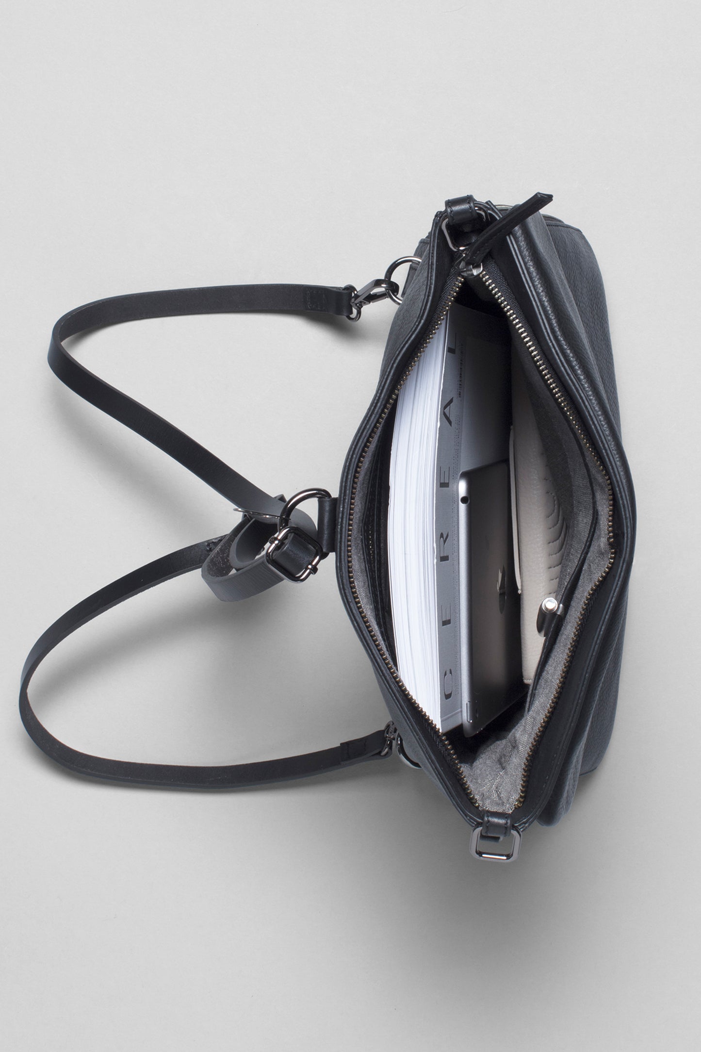 Jalmara Leather Backpack Model Overhead  | BLACK