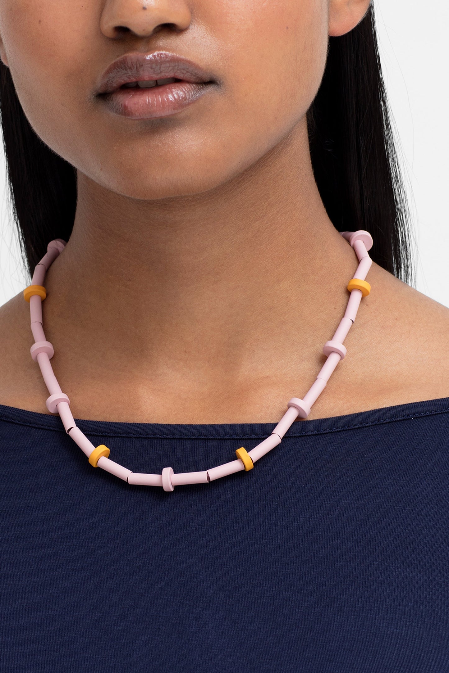 Obbe Colour Coated Contrasting Metal Bead Necklace  Model Crop FLOSS PINK